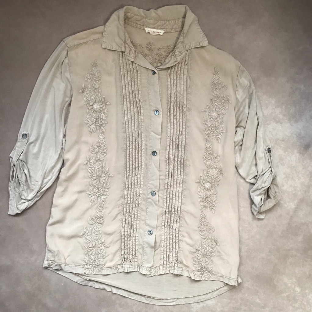 Solitaire Natural Beige Neutral Floral Embroidered Button Down Shirt Western S